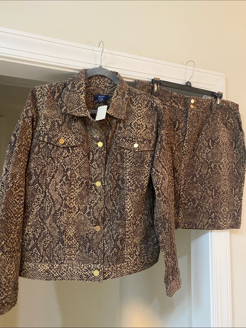 Chaps NWT Snake Print Jean Jacket Sz L & Matching Skirt Brown & Black Sz 16